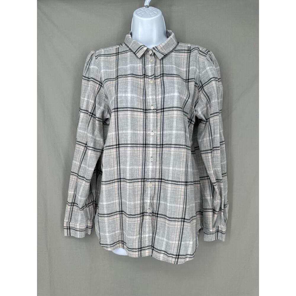 Loft Top Women Large Gray Plaid Button Shirt Long Sleeve Boho Cotton Long Sleeve